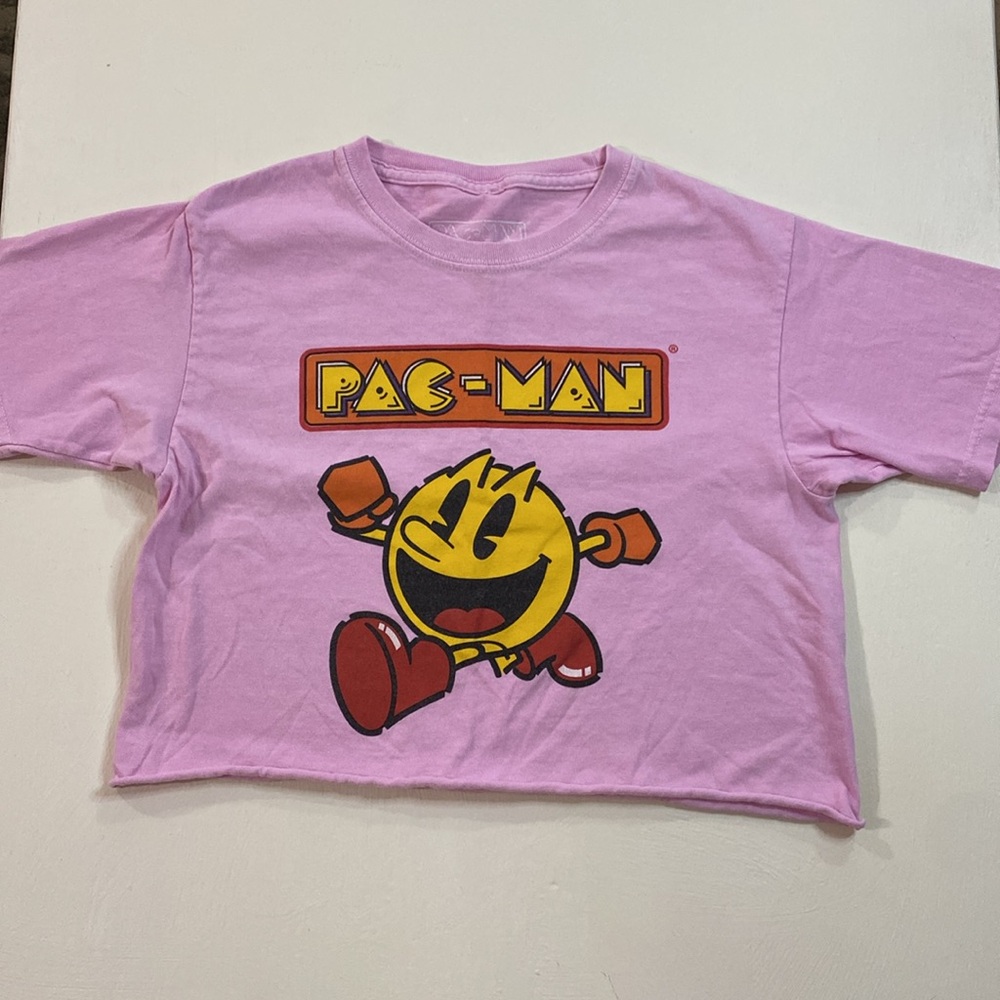 🩷PAC-MAN 💛crop top tee girls 7/8 pink EUC summer swim coverup video game gamer